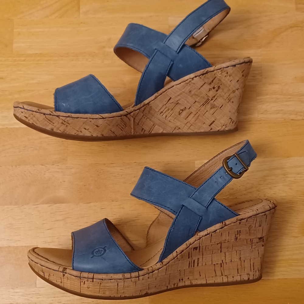 Blue Cork Wedge Sandals - Women's Comfortable Slingback
